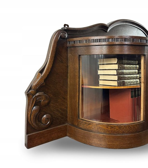 WISZĄCA BIBLIOTEKA podręczna WITRYNA rzeźbiona antyk łukowate SZYBY
