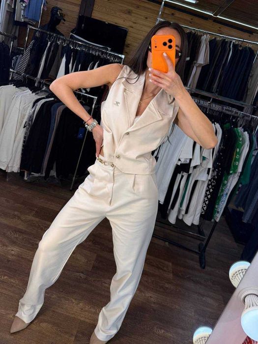 Жіночий літній комплект Celine, 100% бавовна, жилет та штани, білий, Туреччина, розміри M-L