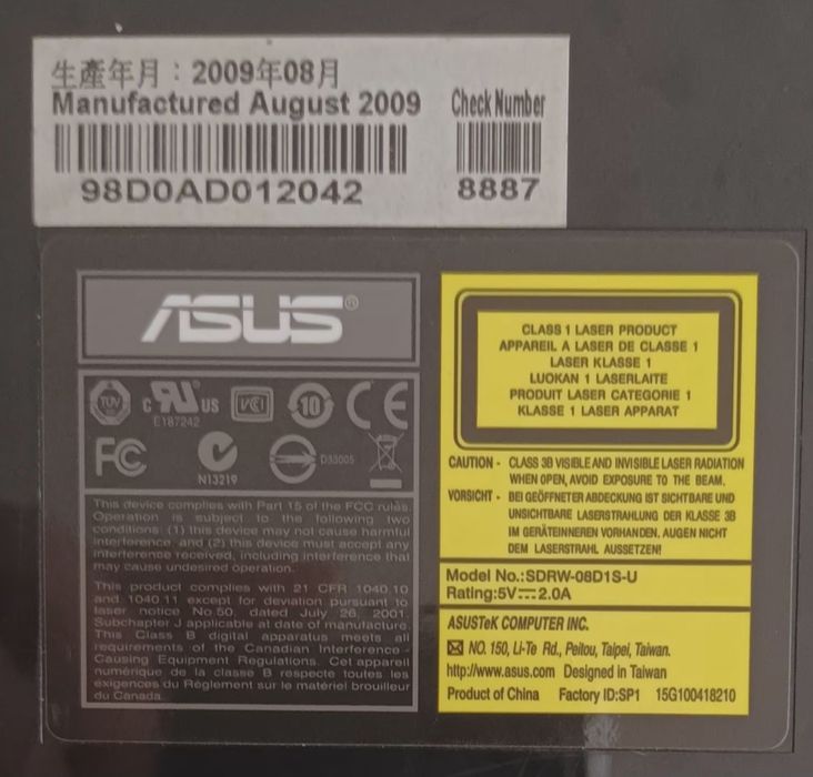 Leitor Dvd/Cd Asus SDRW-08D1S-U Lite