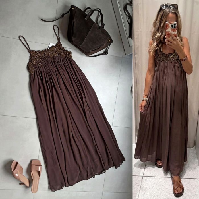 Zara sukienka czekoladowa brązowa wiskoza XS 34 długa