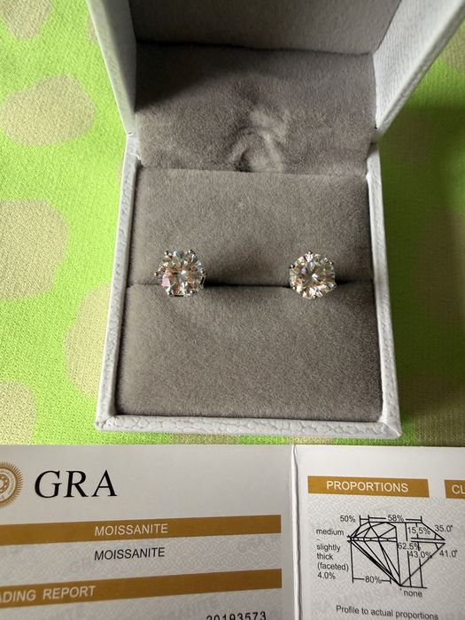 Srebrne 925 Kolczyki sztyfty diamenty Moissanite 1 ct 6,5 mm GRA