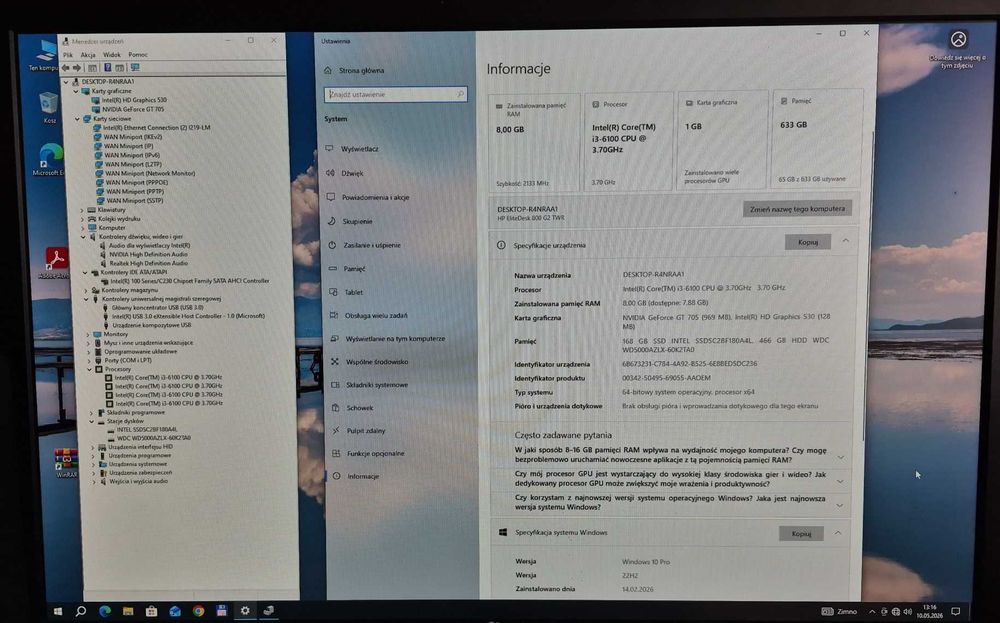 Komputer HP 800 G2 i3-6100 8GB 180GBSSD 500GBHDD GT705 1GB Win10Pro