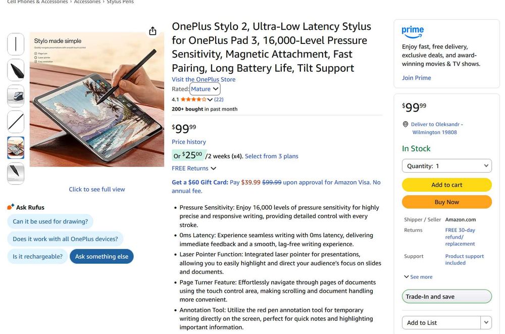 OnePlus Stylo 2,Ultra-Low Latency Stylus 4 OnePlus Pad 2 3 16000 Level