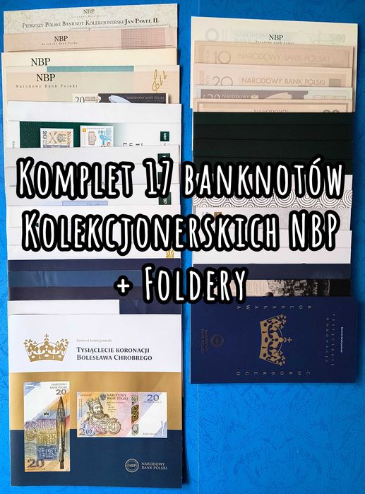 Komplet 17 banknotów kolekcjonerskich NBP + foldery + gratis!
