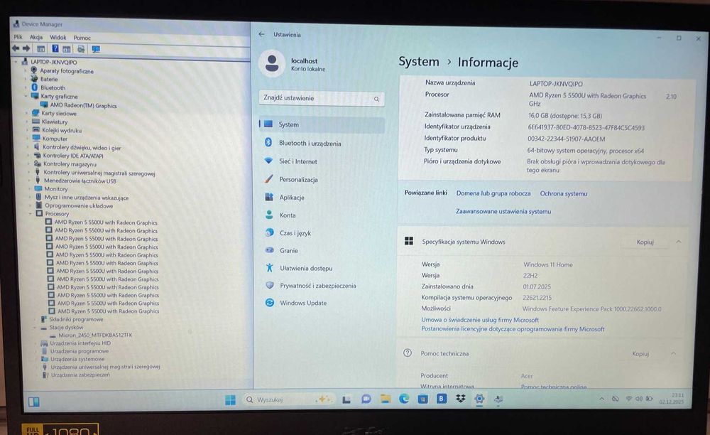Laptop Acer Aspire 3 15.6" IPS R5-5500U 16GB  512GB SSD Win11 Home