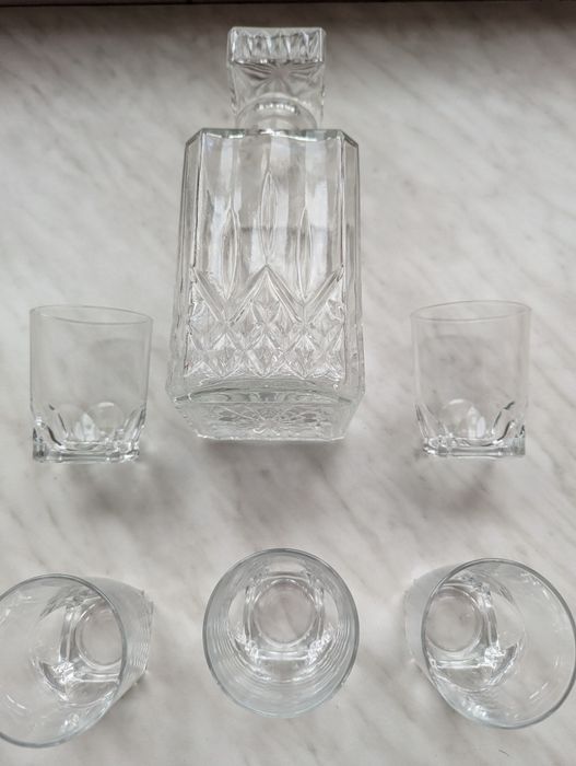 Karafka szklana kryształ.z korkiem i 5 szklaneczek - antyk z PRL - kpl