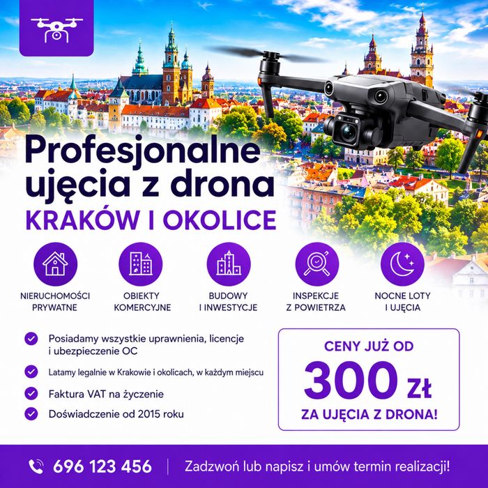 Zdjęcia i nagrania z drona dla nieruchomości i firm – Kraków i okolice | Doświadczenie od 2015 r. | Ceny już od 300 zł