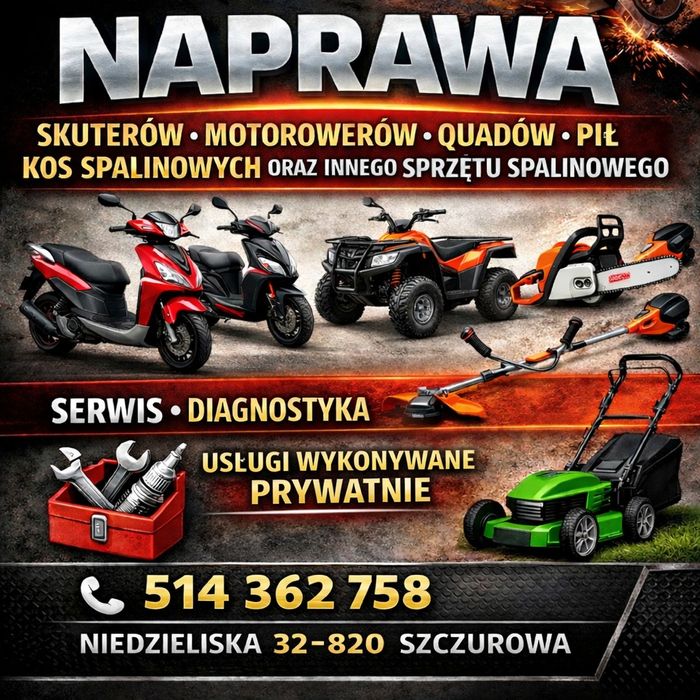 Naprawa Skuterów/Motorowerów/Quadów/Pił/kos/kosiarek spalinowych