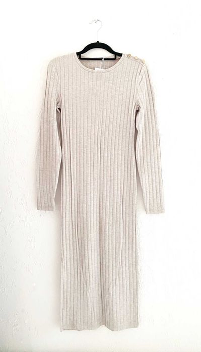 Sukienka z prążkowanej dzianiny beżowa wiskoza S/36