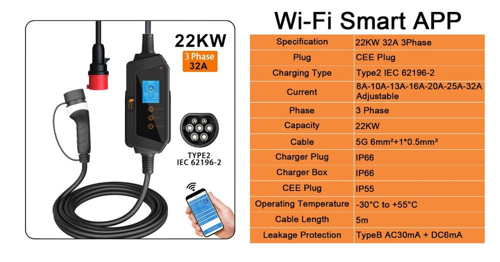 Зарядний пристрій Feyree 22 кВт 32А 3 фази wallbox Type 2 Wi-Fi APP IP66 CEE 32A 5м для електромобілів Tesla Nissan VW Hyundai Kia