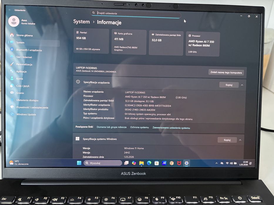 Asus ZenBook UM3406K OLED RYZEN AI 7 32gb/1TB Jak nowy
