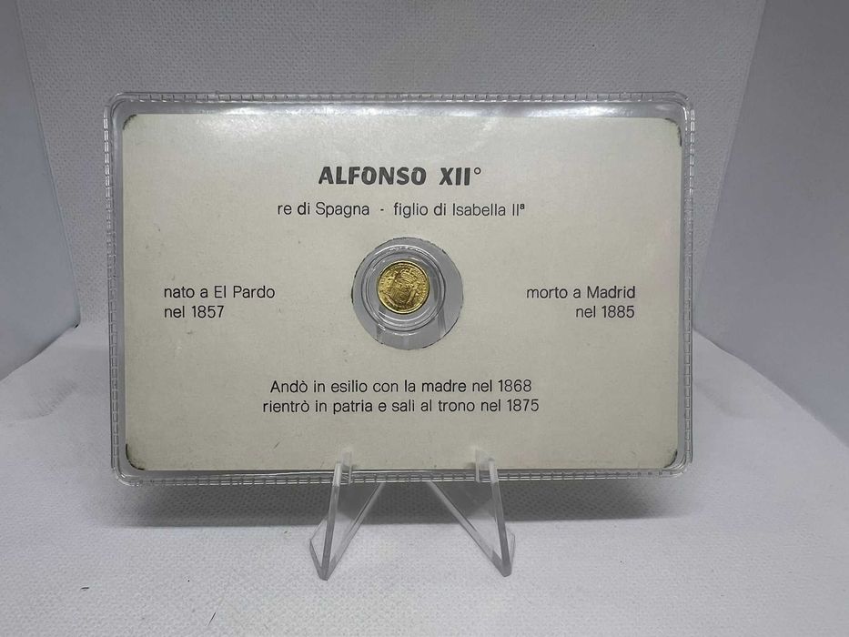 Carteira selada Miniatura 5 pesetas banhada a ouro do Rei Alfonso XII