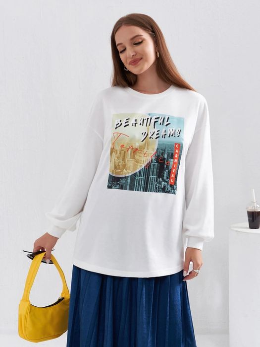 Bluza Oversize Casual Z Nadrukiem Biała L 40