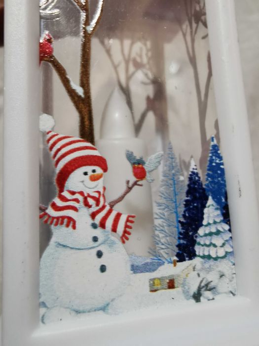 Bożonarodzeniowy lampion latarnia biała Bałwanek Ptaszki ozdoba świąt