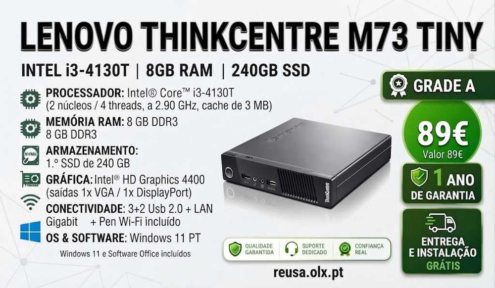 Mini PC Lenovo ThinkCentre M73 Tiny | i3-4130T-2.9G | 8G-DDR3 | SSD240G | W11