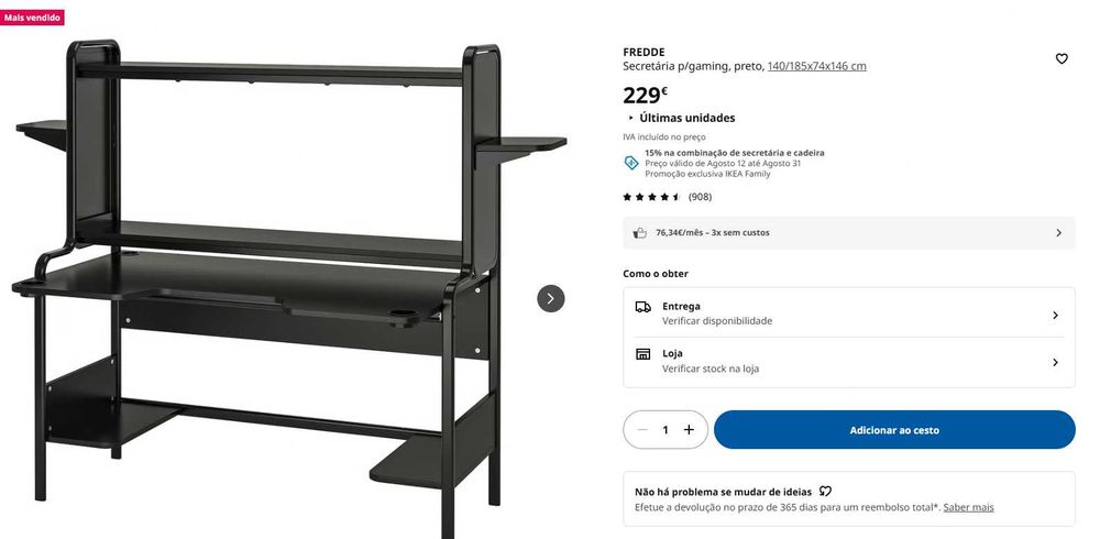 Vendo secretária IKEA FREDDE, modelo gaming, em preto.