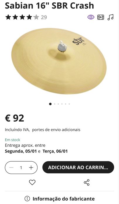 Sabian SBR Hi Hat 14” e Crash 16” COMO NOVOS