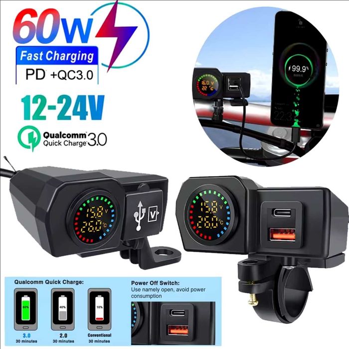 Ładowarka na kierownicę 60W QC3.0 PD gniazdo USB typu C Woltomierz