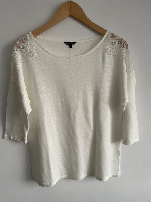 Massimo Dutti lniana kremowa bluzka oversize naturalka z koronka