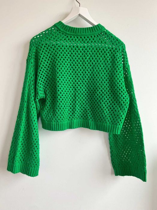 Ażurowy crop top krótki zielony dzianinowy szerokie rękawy XL
