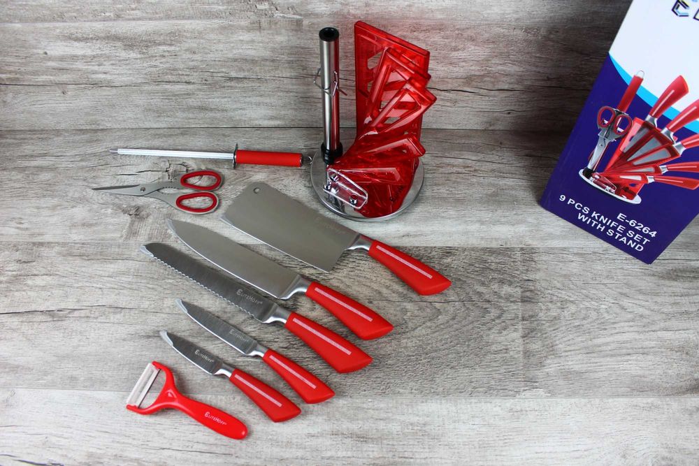 Czerwony Zestaw noży Elitehoff E-6264 – 9 el. obrotowy stojak