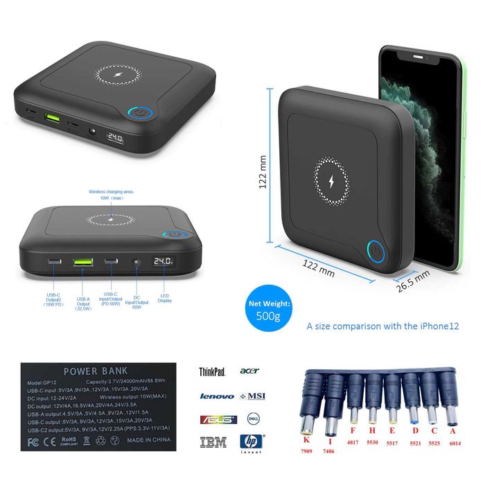 GP12 Павербанк для Ноутбука 24000 mAh 27-84W PowerBank DC 12-24V +3USB
