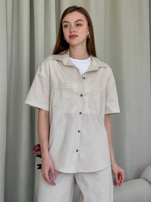 Новий льняний костюм з брюками палаццо та сорочкою