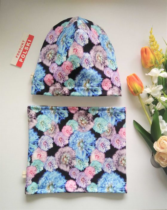 Komplet wiosenny - czapka + komin - nadruk cyfrowy -- hand made --