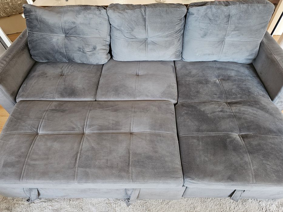Sofá-Cama Chaise Longue com Baú - Cinzento Aveludado