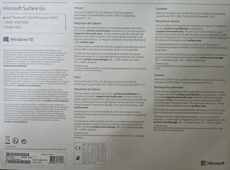 Tablet Microsoft Surface Go + rysik (1. generacji) wariant pamięci: 4 GB RAM / 64 GB eMMC .