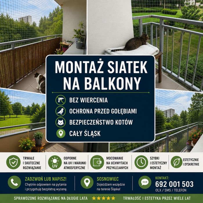 Siatka dla kota na balkon – montaż bez wiercenia | Śląsk