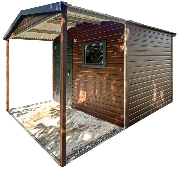 Schowek - domek ogrodowy 2,5x2 m + wiata 1,5 m - drzwi - okno - antracyt - ciemny orzech - drewnopodobny - dach dwuspadowy SO205
