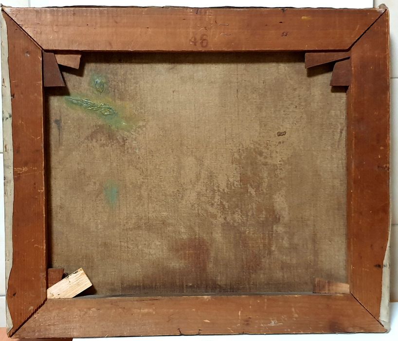 Antiga pintura de um cão Dachshund em óleo sobre tela assinada