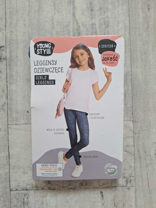 Nowe leginsy dziewczęce, wzor jak jeans, rozmiar 110/116