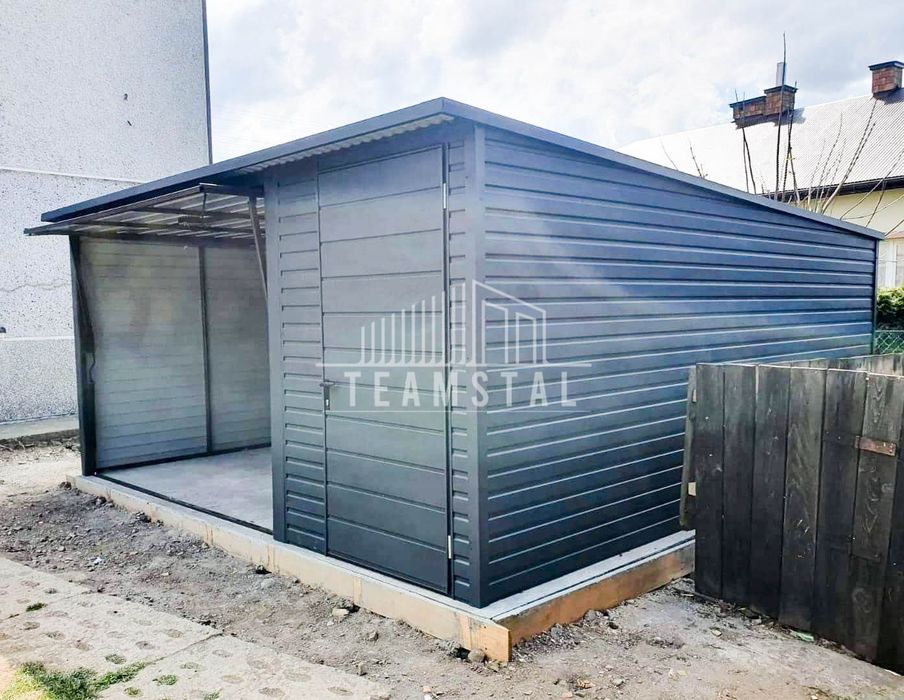 GARAŻ BLASZANY 4,5m x 6m spad tył Brama antracyt drzwi TS231 4,5x6