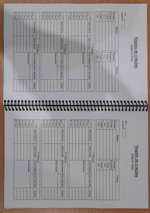 Cadernos Personalizados - Registo de Criações de Aves