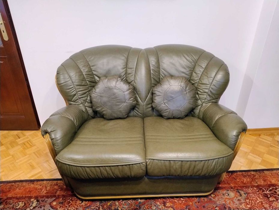 Zestaw wypoczynkowy sofa fotel skóra naturalna oliwka Kalwaria 3+2+1