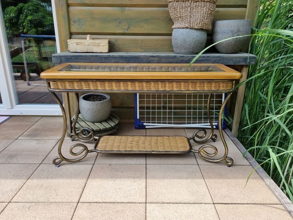 Konsola dąb - rattan 132 x 70,5 x 45 cm