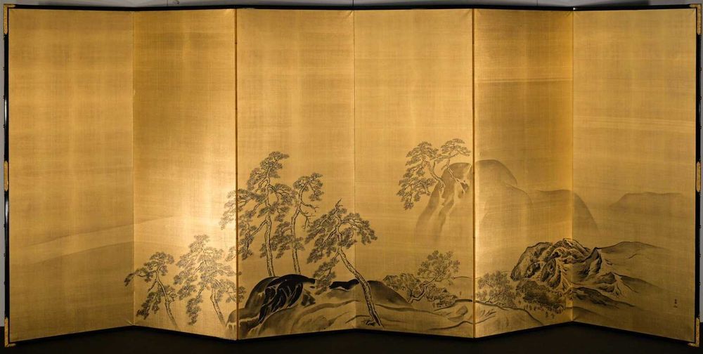 Biombo Japonês com folha de ouro em seda