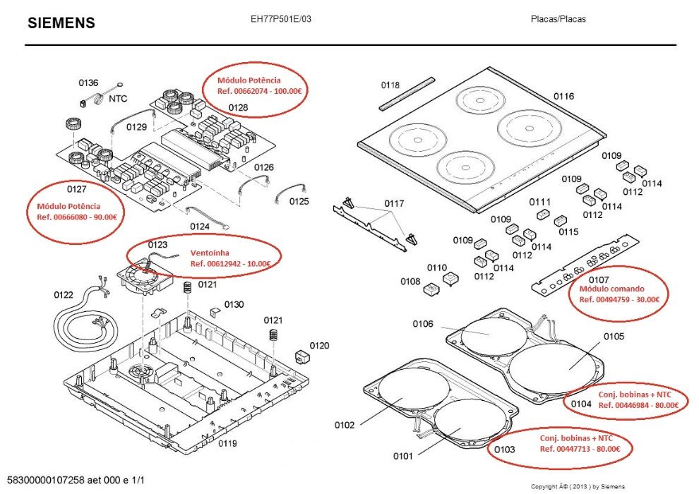 Placa de indução Siemens EH77P501E peças