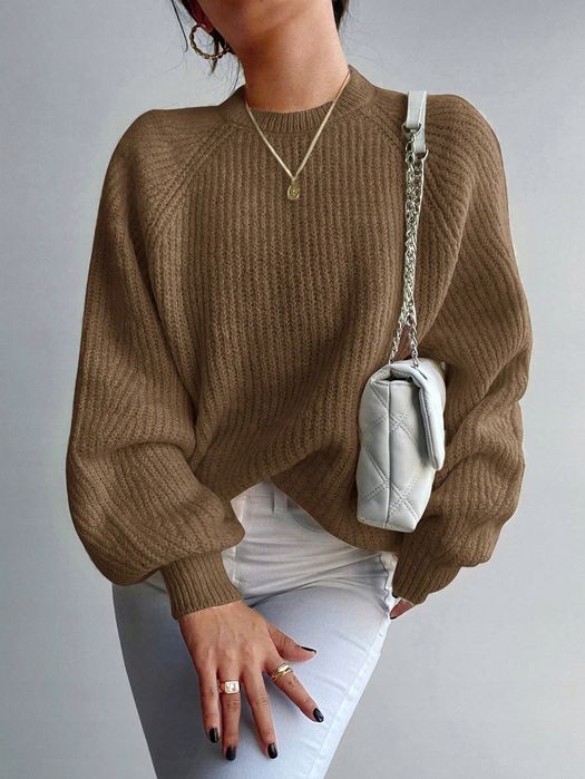 Sweter Dzianinowy Brązowy Luźny Casual Shein Uni