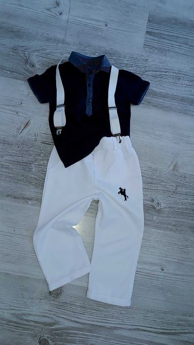 Next elegancki zestaw dla chłopca polo spodnie szelki 86 92