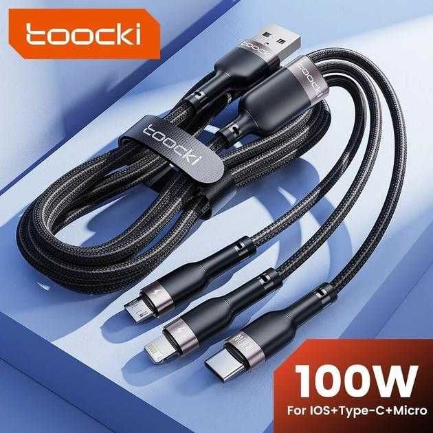 Кабель 100W TOOCKI 3 в 1  6A 1.2м. USB - Micro USB+Lightning+Type-C