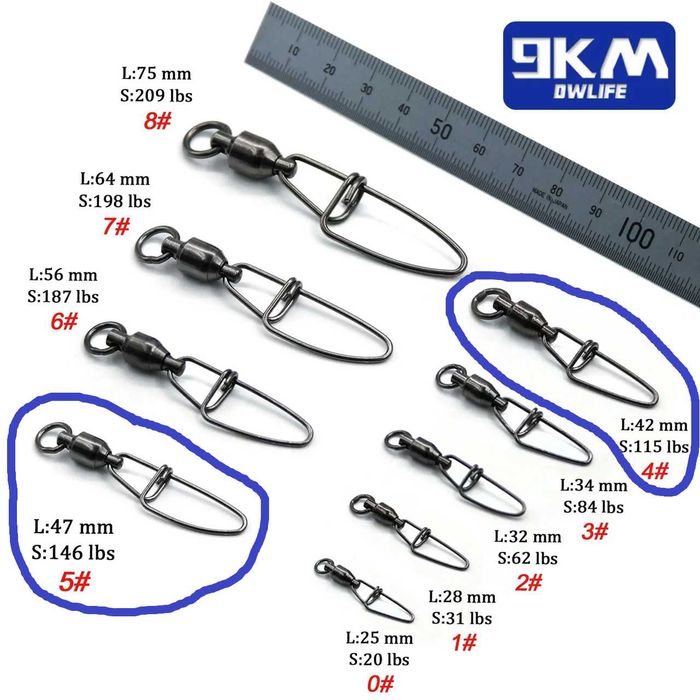 30 agrafek wędkarskich z krętlikiem łożyskowanym 42mm 52kg i 47mm 66kg