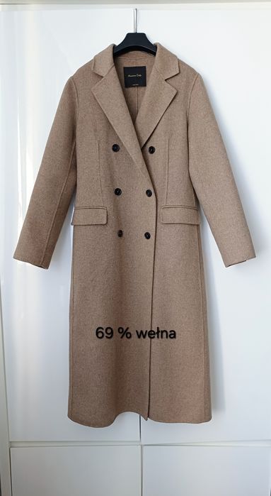 Massimo Dutti wełniany płaszcz przejściowy wiosenny beżowy długi midi