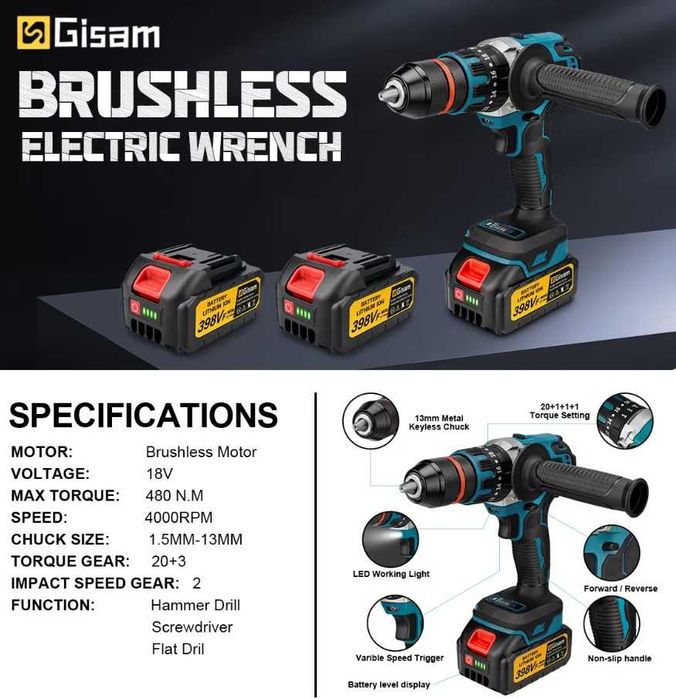 Berbequim Elétrico sem fios Gisam 480N.M com 2 Baterias e carregador