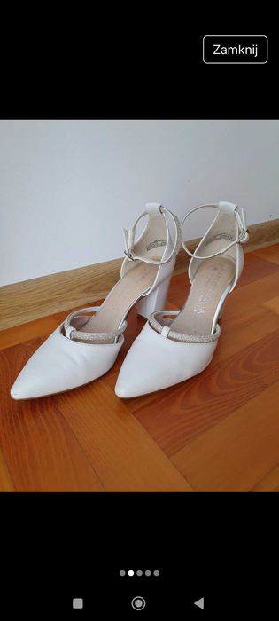 Skórzane buty ślubne białe na klocku Marco Tozzi