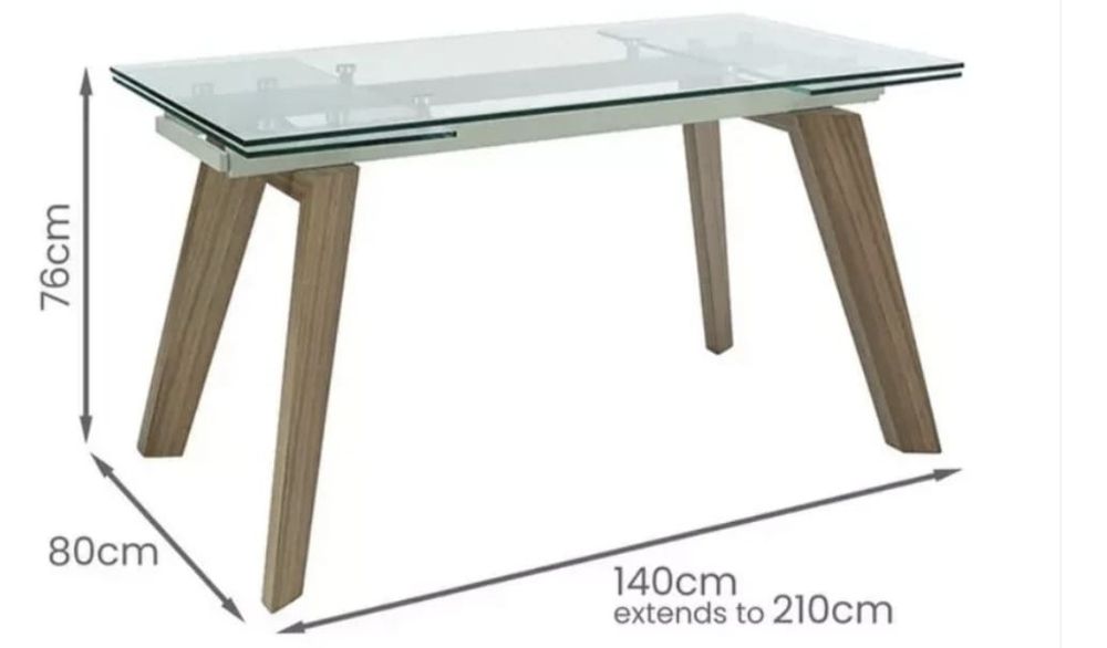 Mesa de Jantar Extensível — Tampo de Vidro e Pernas em Madeira de Nogueira