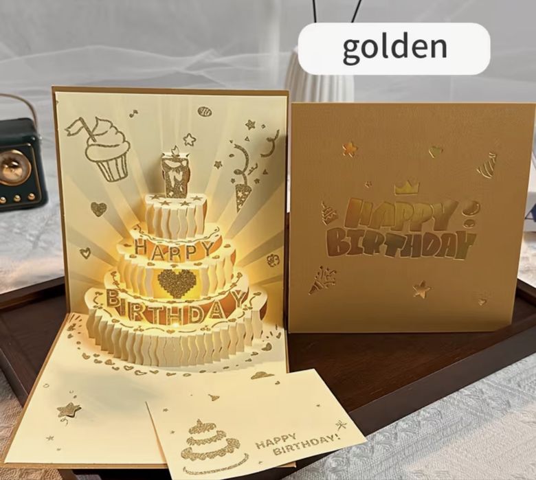 Музична вітальня «Happy Birthday» з об'ємним тортом усередині та підсвіткою, Золотий