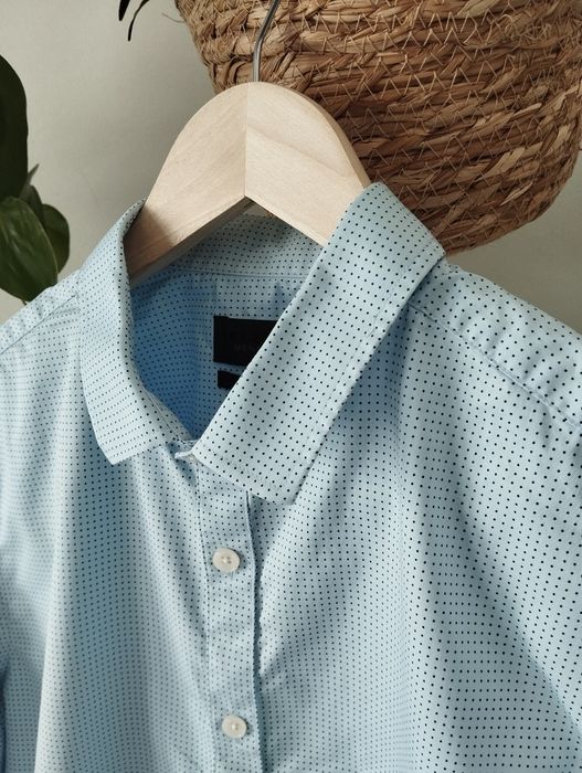 Bawełniana koszula męska, błękitna, w groszki, slim fit r.S/M Selected